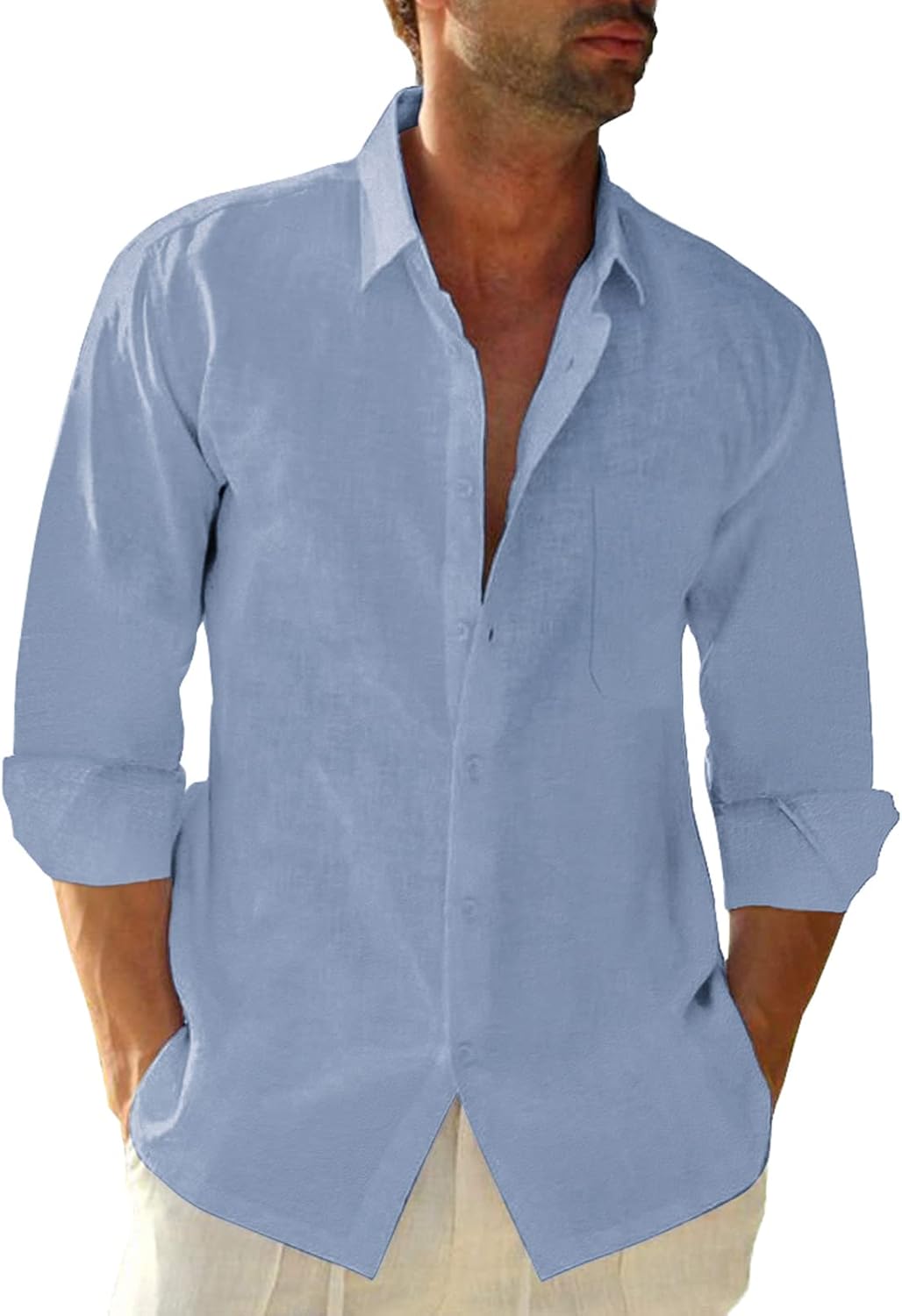 Button Down Linen Shirts for Men Casual Long Sleeve Regular Fit Cotton Beach Shirts with Pocket